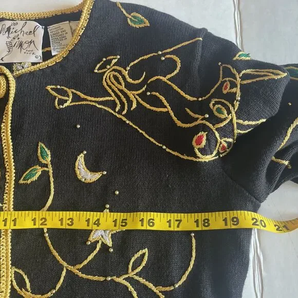 Vintage 1998 Michael Simon Christmas Cardigan Womens L Black Gold Trim Beaded - Picture 12 of 14
